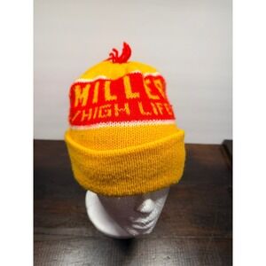 Vintage Miller High Life Beanie Hat Yellow Red Knit Pom Pom Winter Cap Men